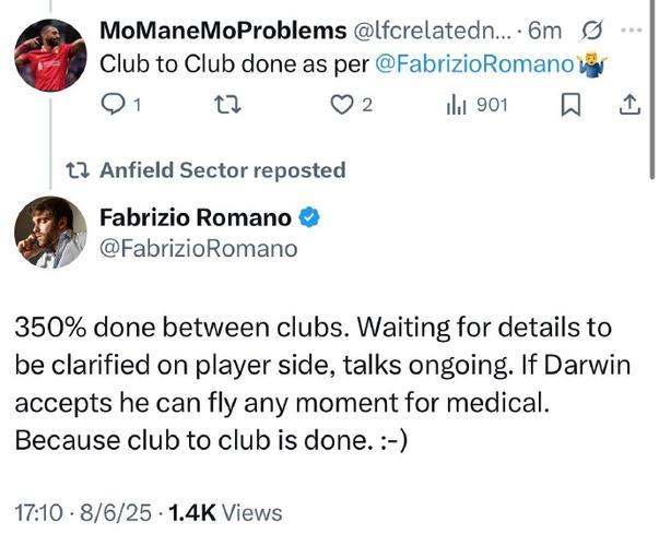 记者:利雅得新月联系了努涅斯的经纪人和利物浦,但尚未正式报价 记者:利雅得新月联系了努涅斯的经纪人和利物浦,但尚未正式报价